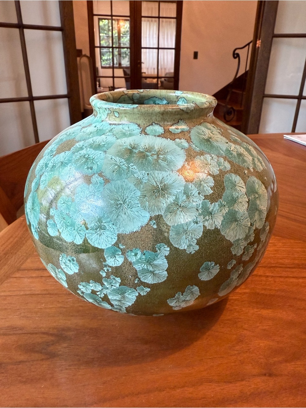 Round Ceramic Vase with Turquoise Crystalline Glaze - Picture 2 of 6